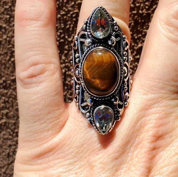 New Tiger Eye & White Topaz 925 Silver Statement Ring. - Picture 4 of 12